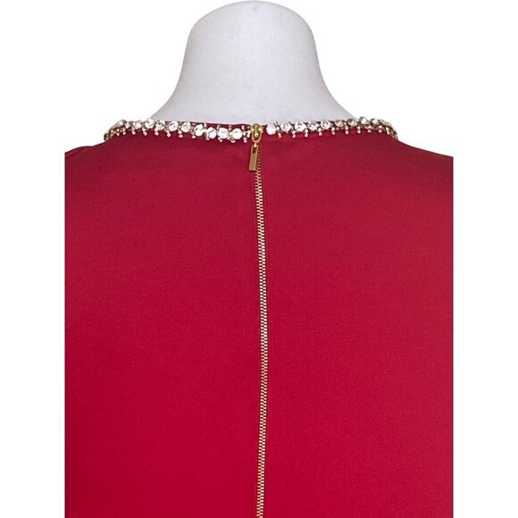Tahari ASL Red Asymmetrical Sleeve Cocktail Dress, Rhinestones Women's Size 10 - Picture 6 of 10